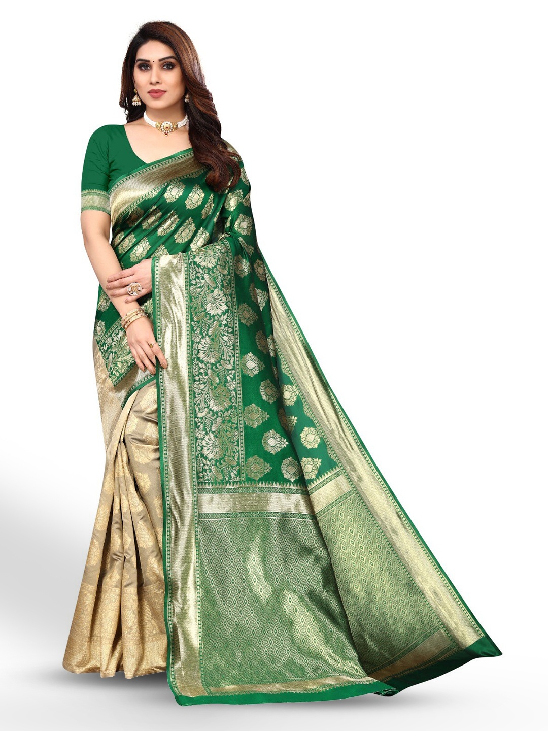 

DIVASTRI Woven Design Zari Silk Blend Banarasi Saree, Green