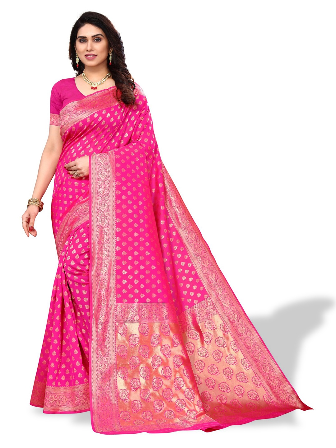 

DIVASTRI Ethnic Motifs Woven Design Zari Silk Cotton Banarasi Saree, Pink