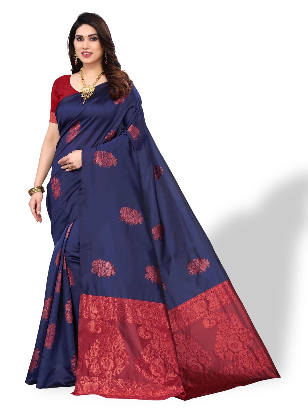 

DIVASTRI Ethnic Motifs Woven Design Zari Silk Cotton Banarasi Saree, Navy blue