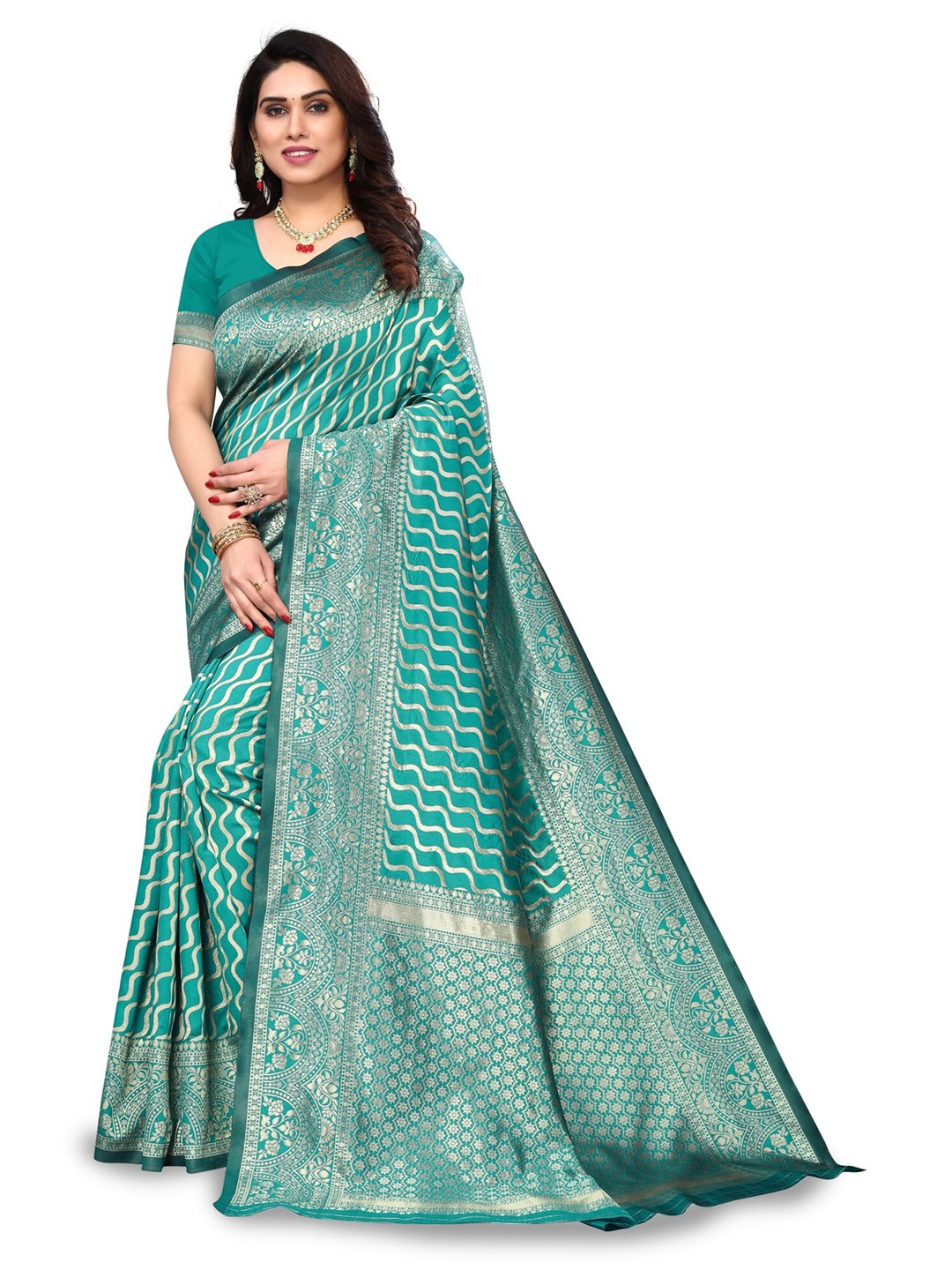 

DIVASTRI Woven Design Zari Silk Cotton Banarasi Saree, Green