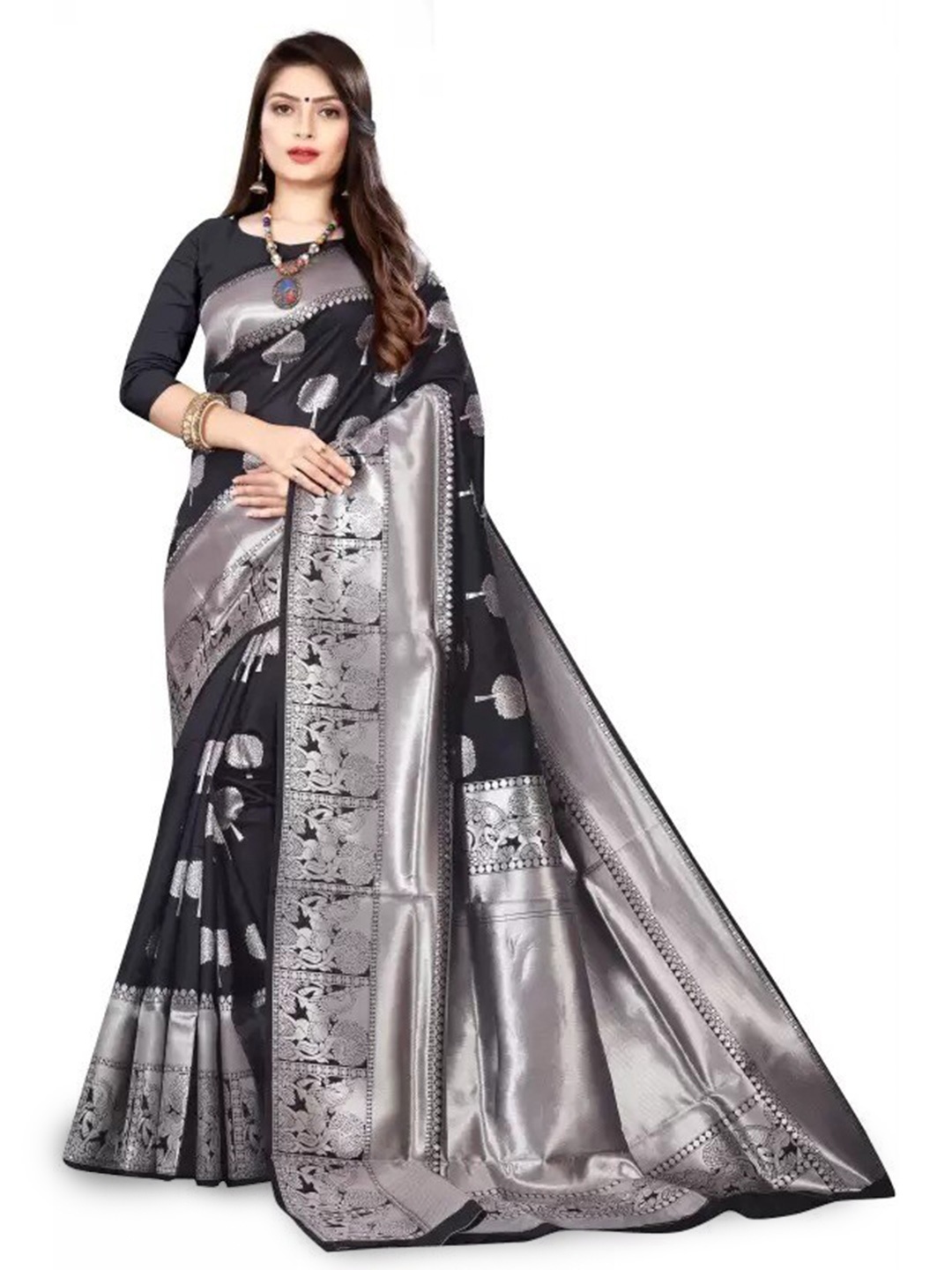 

DIVASTRI Ethnic Motifs Woven Design Zari Silk Cotton Banarasi Saree, Black