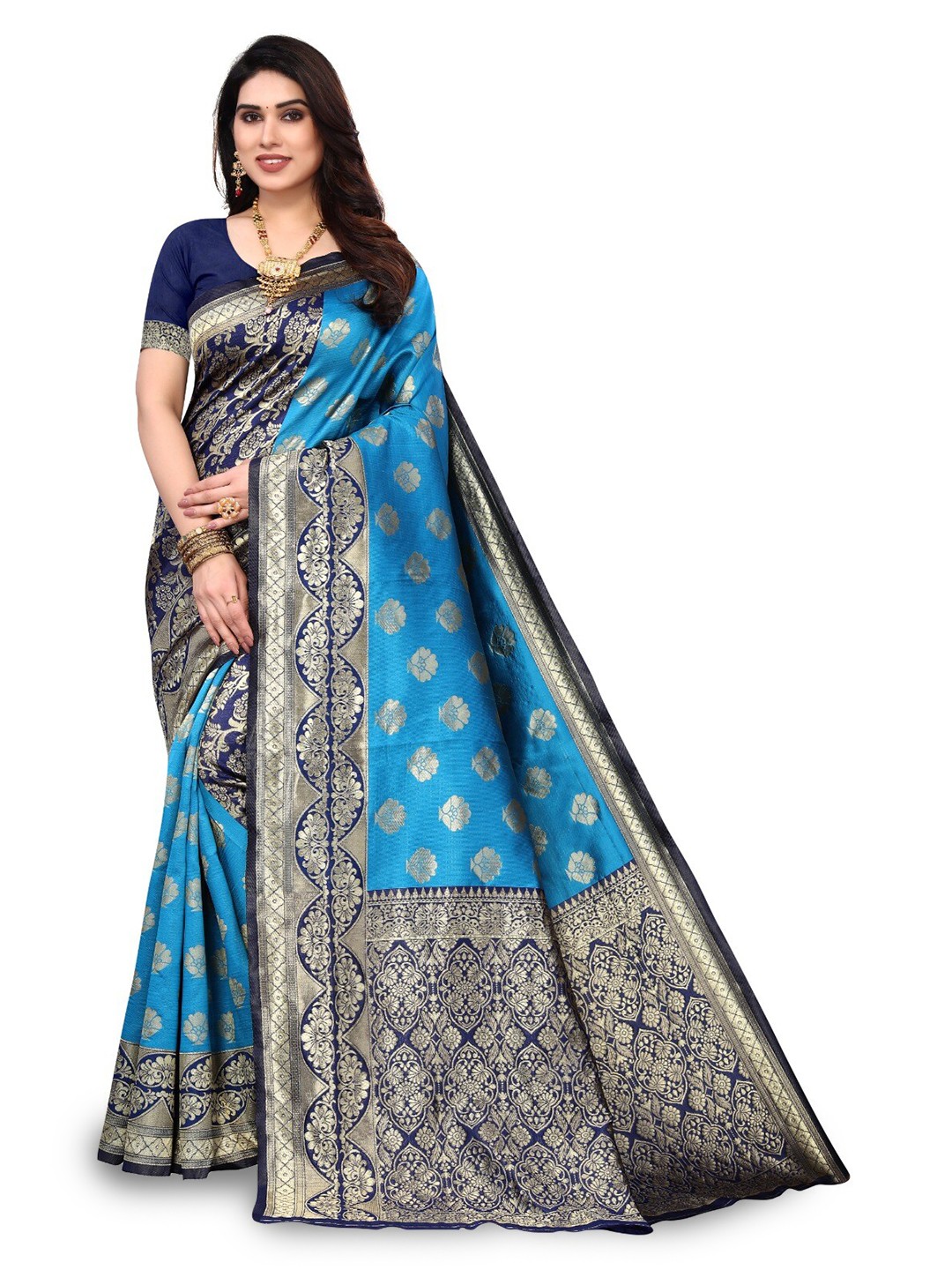 

DIVASTRI Woven Design Zari Silk Cotton Banarasi Saree, Blue