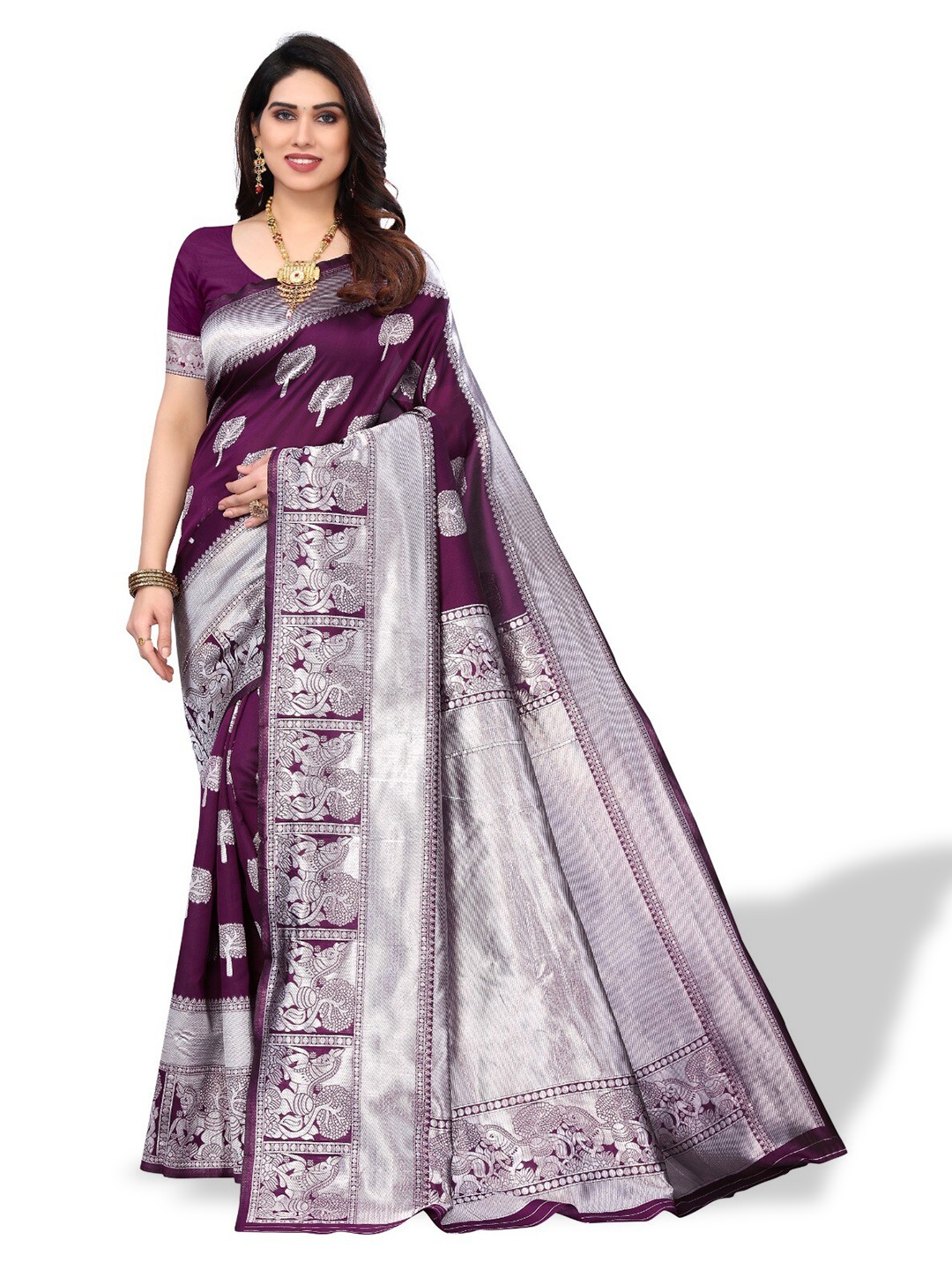 

DIVASTRI Woven Design Zari Silk Cotton Banarasi Saree, Purple
