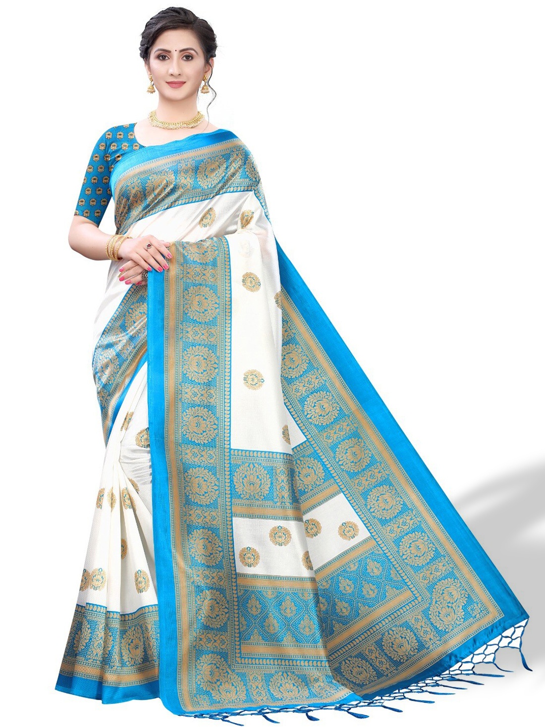 

DIVASTRI Woven Design Zari Silk Blend Banarasi Saree, Blue