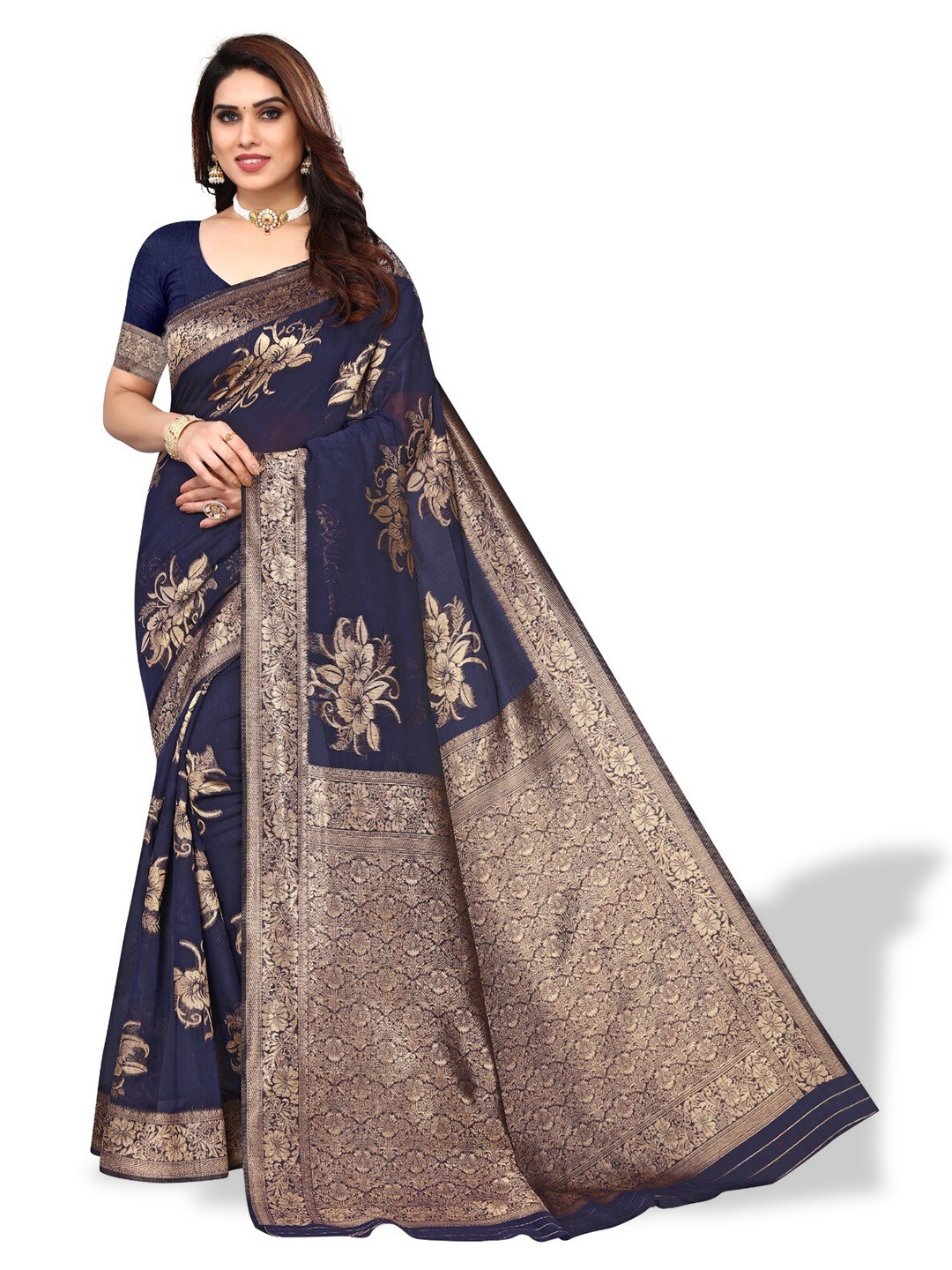 

DIVASTRI Ethnic Motifs Woven Design Zari Silk Cotton Banarasi Saree, Navy blue