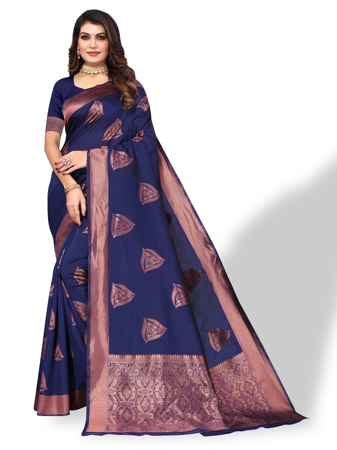 

DIVASTRI Ethnic Motifs Woven Design Zari Silk Cotton Banarasi Saree, Navy blue
