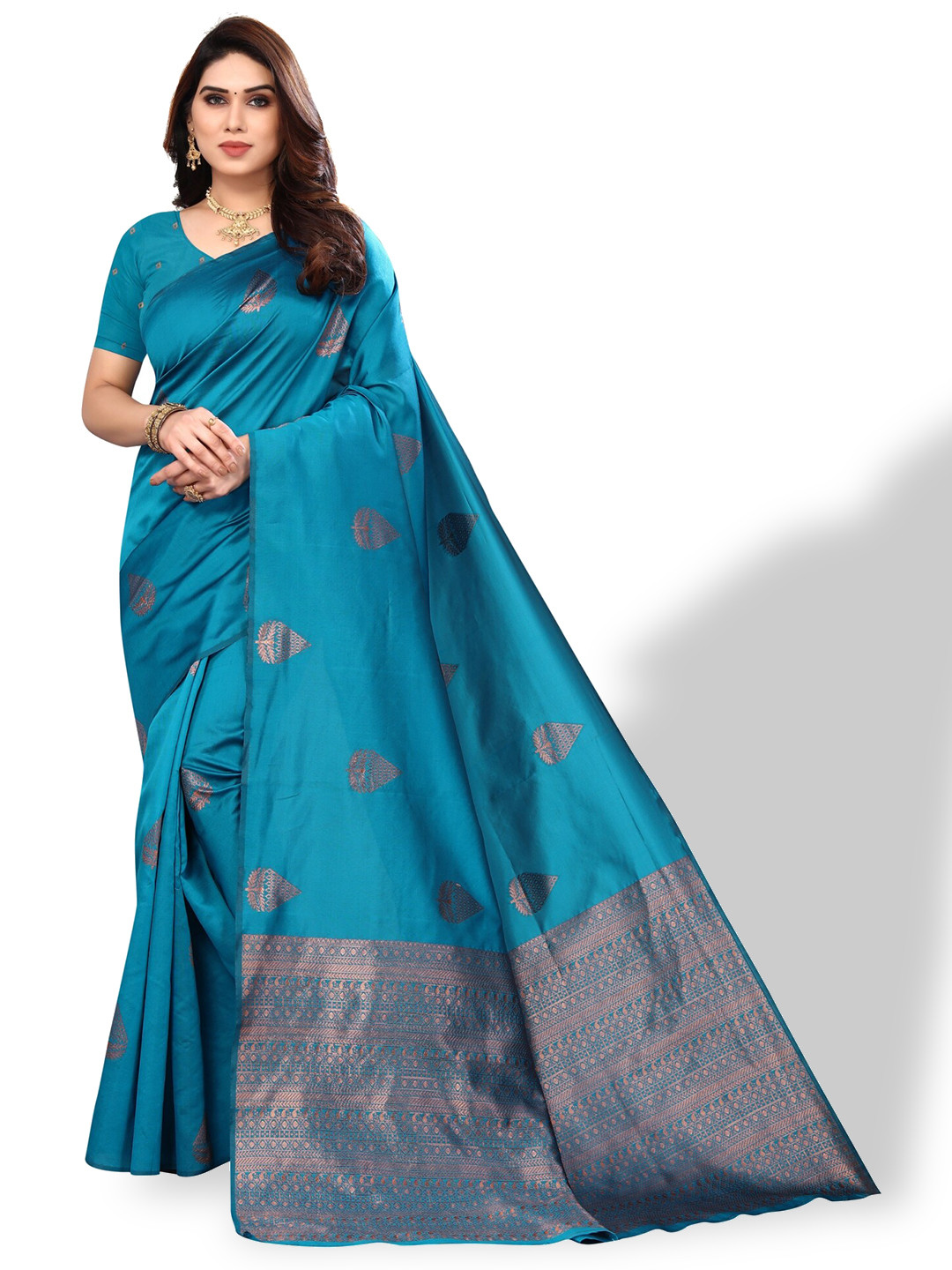 

DIVASTRI Floral Woven Design Zari Silk Cotton Banarasi Saree, Blue