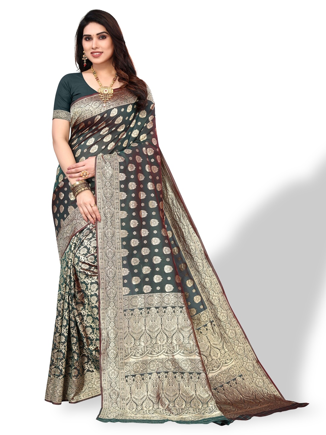

DIVASTRI Ethnic Motifs Woven Design Zari Silk Cotton Banarasi Saree, Grey