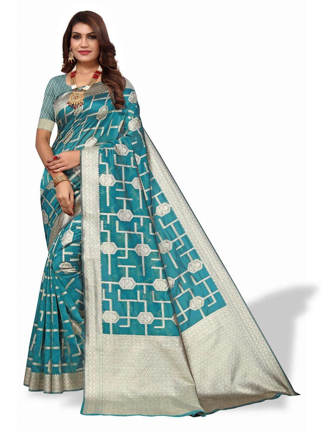 

DIVASTRI Woven Design Zari Silk Cotton Banarasi Saree, Green