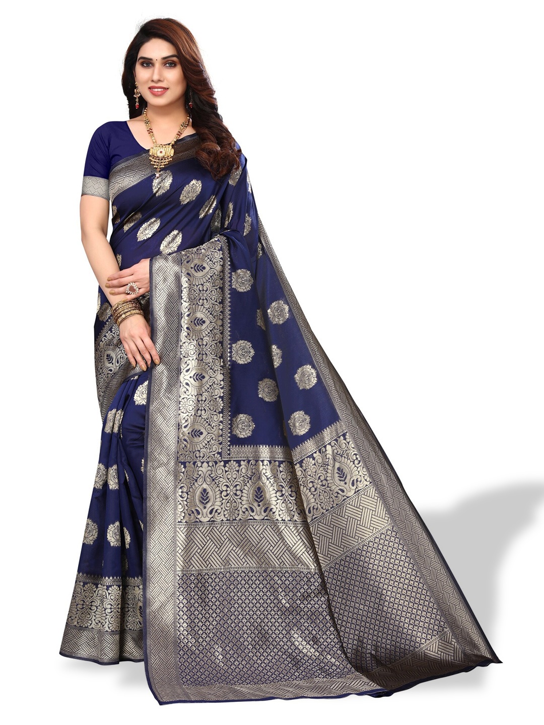 

DIVASTRI Ethnic Motifs Woven Design Zari Silk Cotton Banarasi Saree, Navy blue