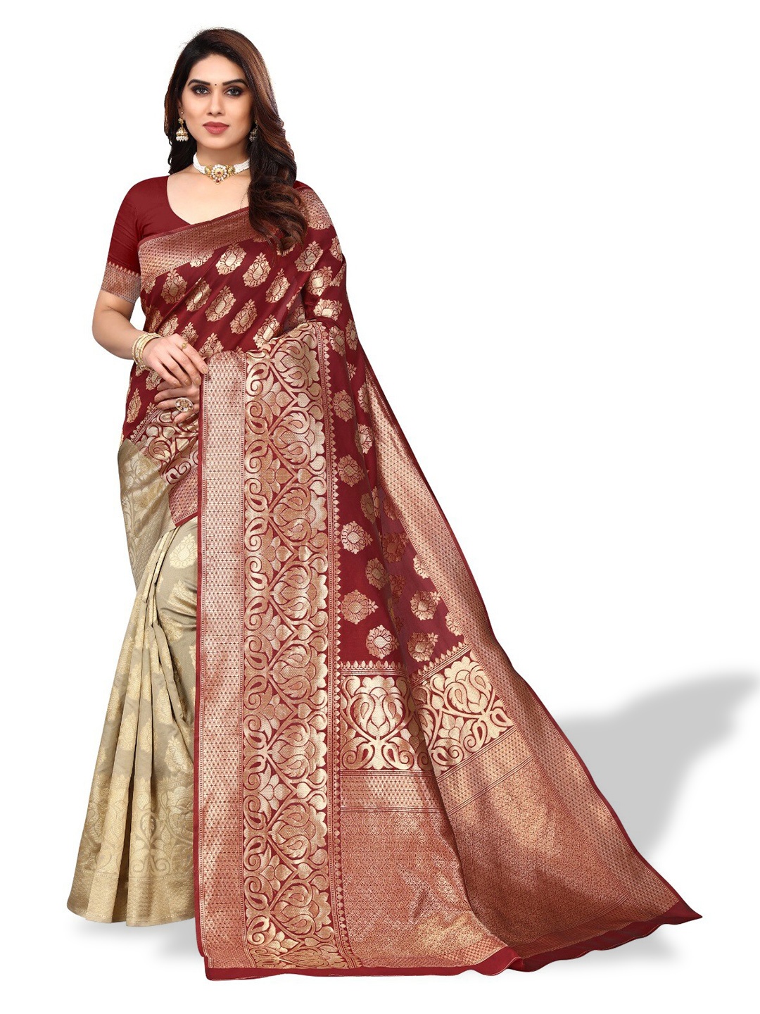

DIVASTRI Ethnic Motifs Woven Design Zari Silk Cotton Banarasi Saree, Red