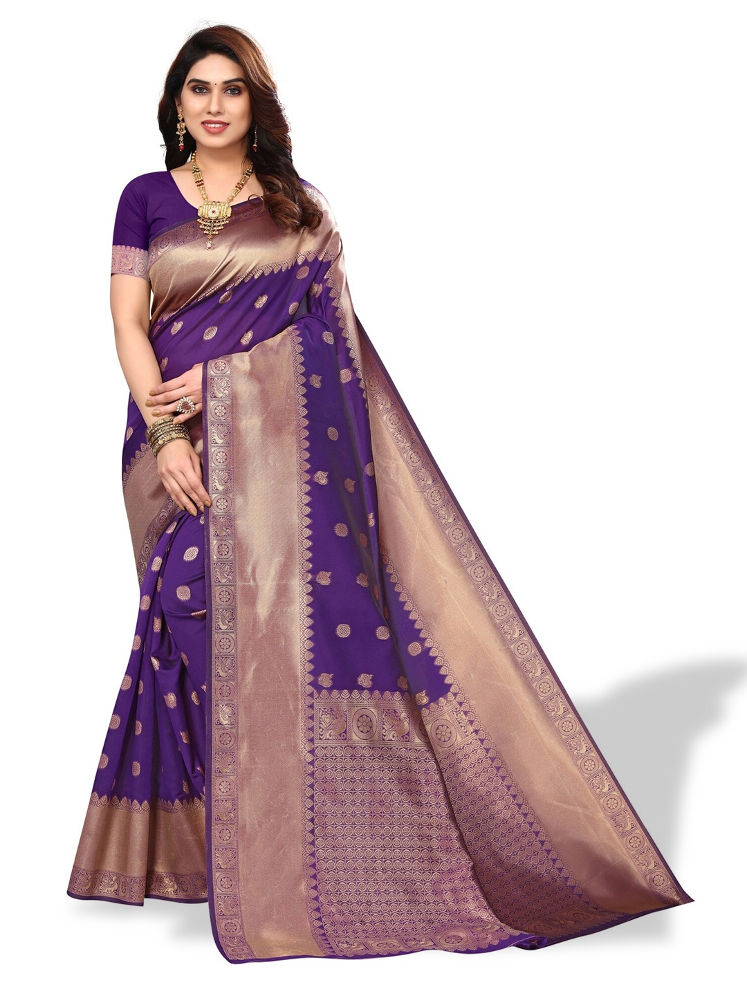 

DIVASTRI Ethnic Motifs Woven Design Zari Silk Cotton Banarasi Saree, Purple