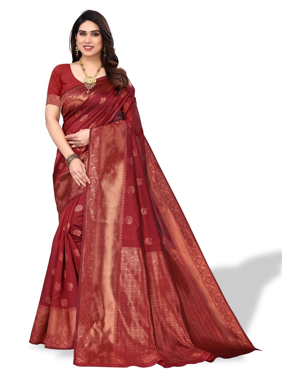 

DIVASTRI Floral Woven Design Zari Silk Cotton Banarasi Saree, Red