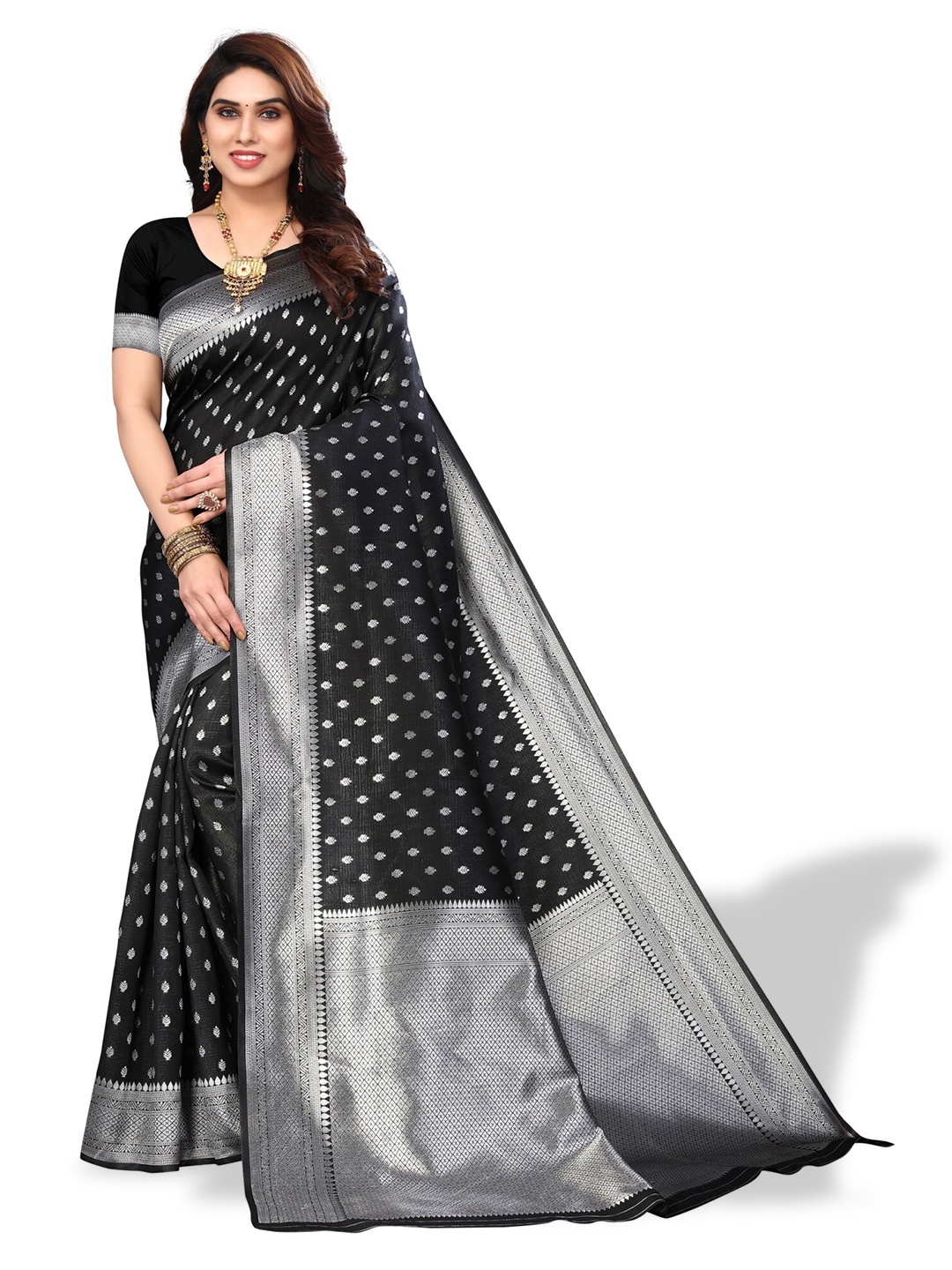 

DIVASTRI Ethnic Motifs Woven Design Zari Silk Cotton Banarasi Saree, Black