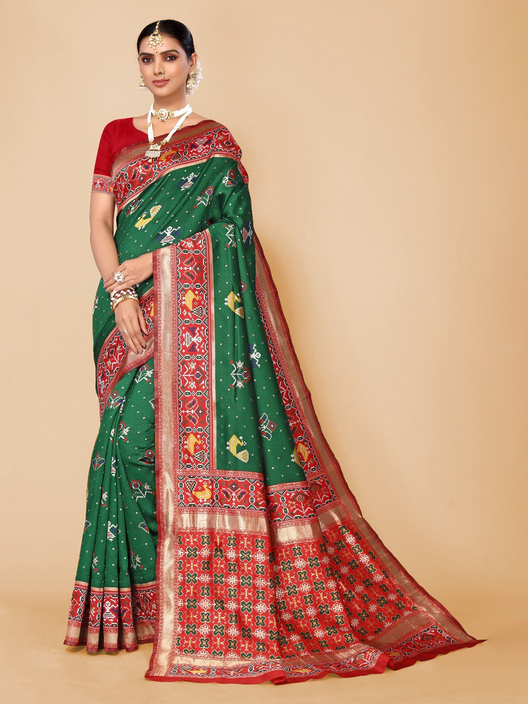 

DIVASTRI Ethnic Motif Woven Design Zari Silk Cotton Banarasi Saree, Green