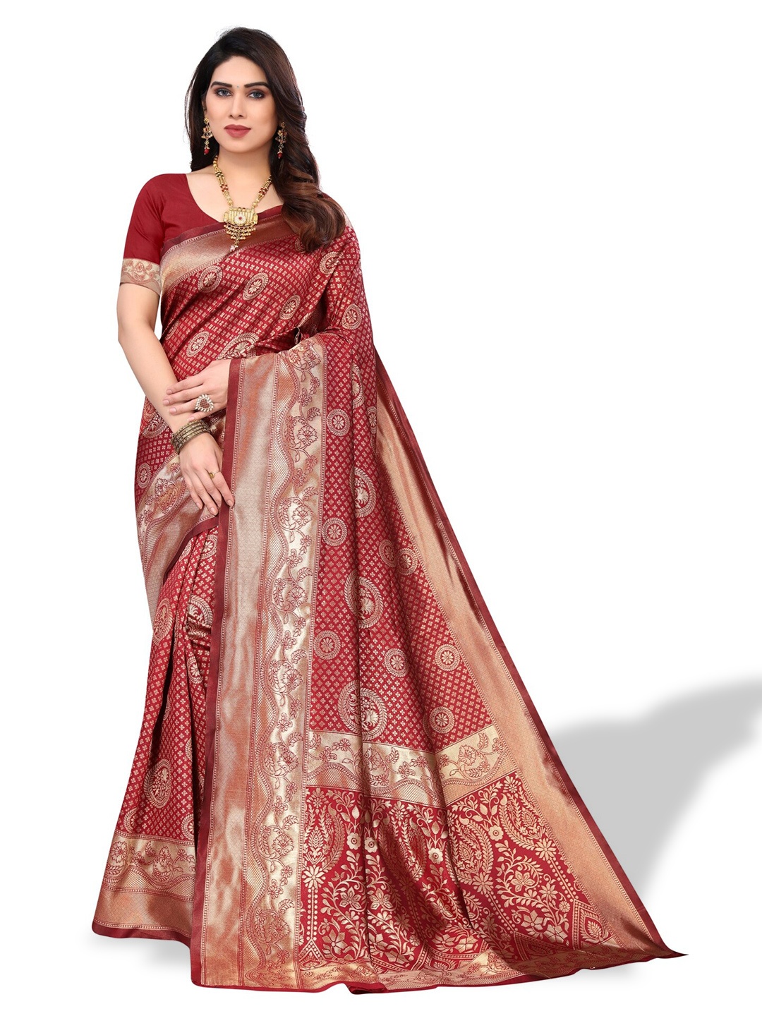 

DIVASTRI Ethnic Motifs Woven Design Zari Silk Cotton Banarasi Saree, Red