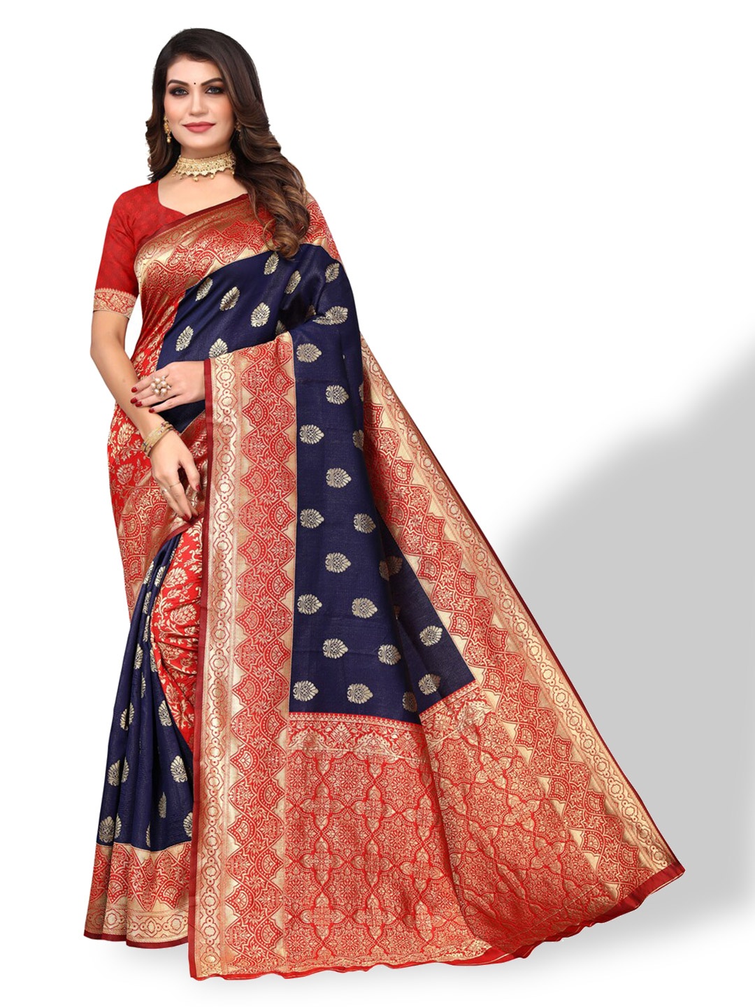 

DIVASTRI Ethnic Motifs Woven Design Zari Silk Cotton Banarasi Saree, Navy blue