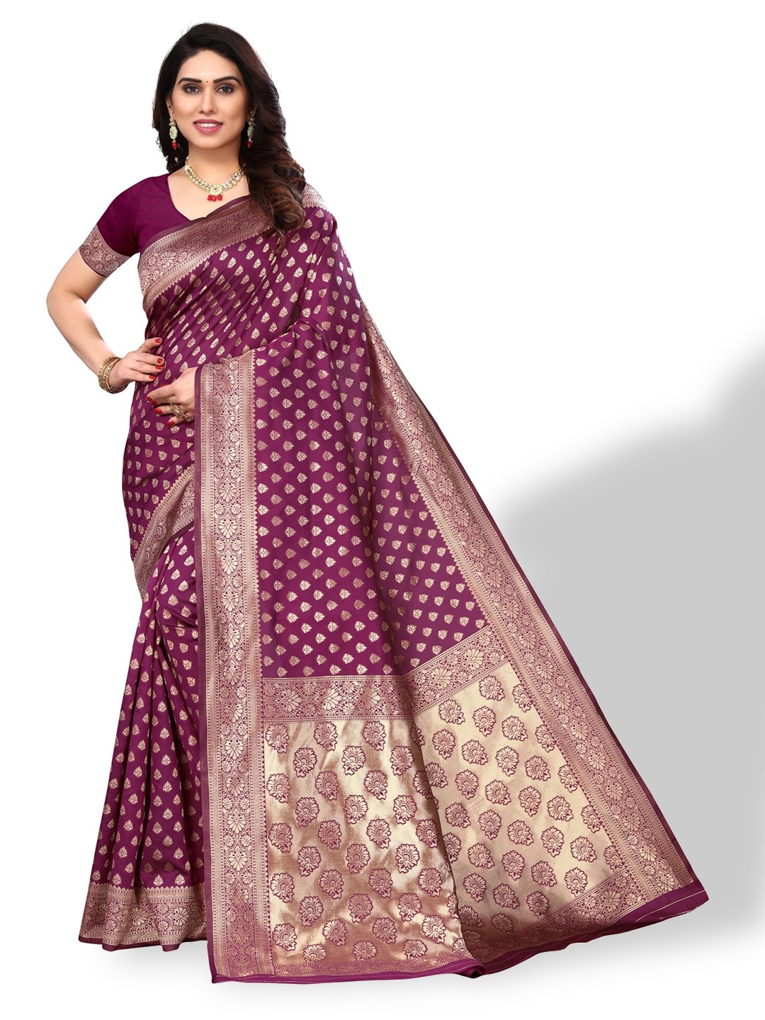 

DIVASTRI Woven Design Zari Silk Cotton Banarasi Saree, Purple