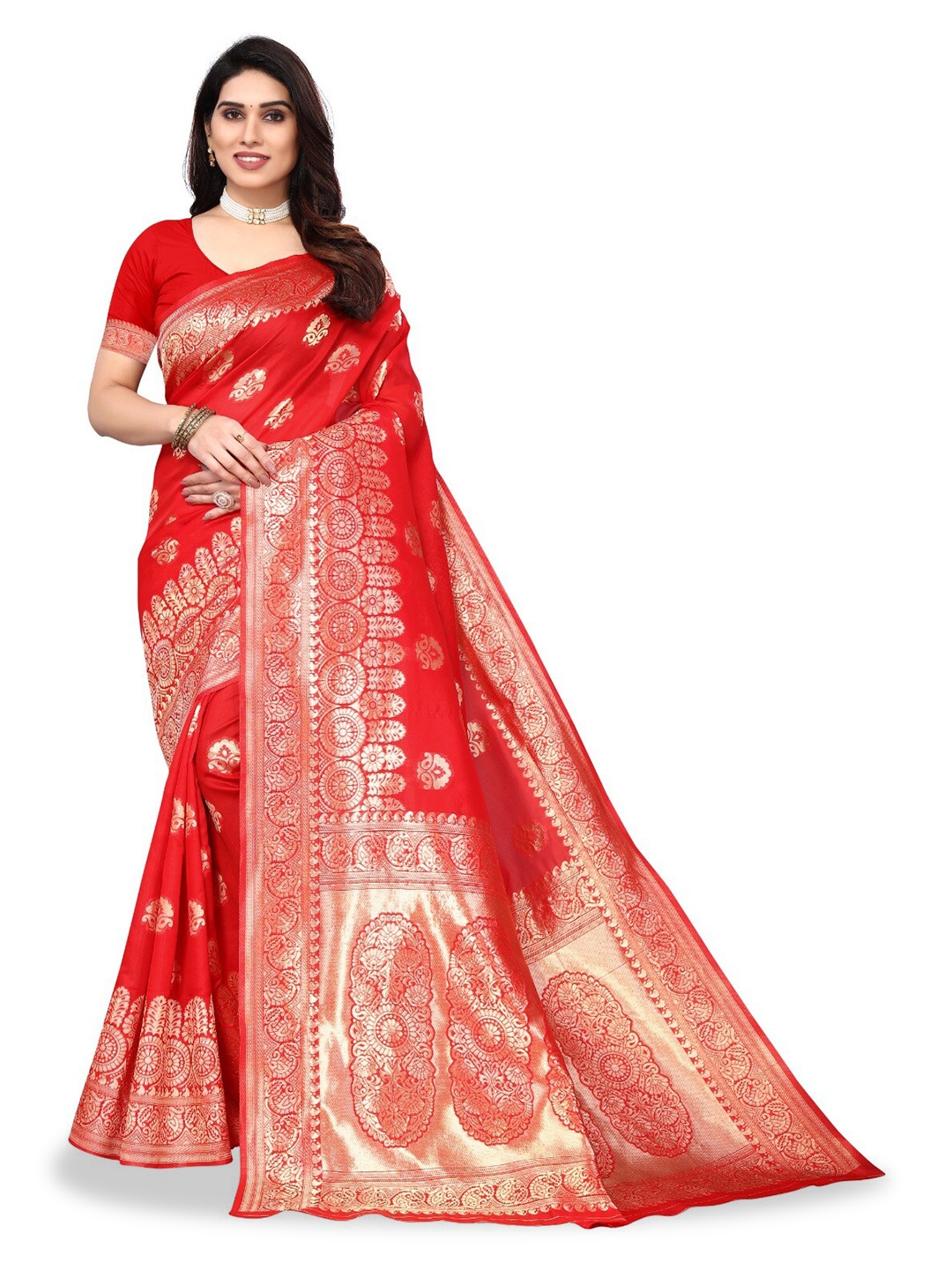 

DIVASTRI Ethnic Motifs Woven Design Zari Silk Cotton Banarasi Saree, Red