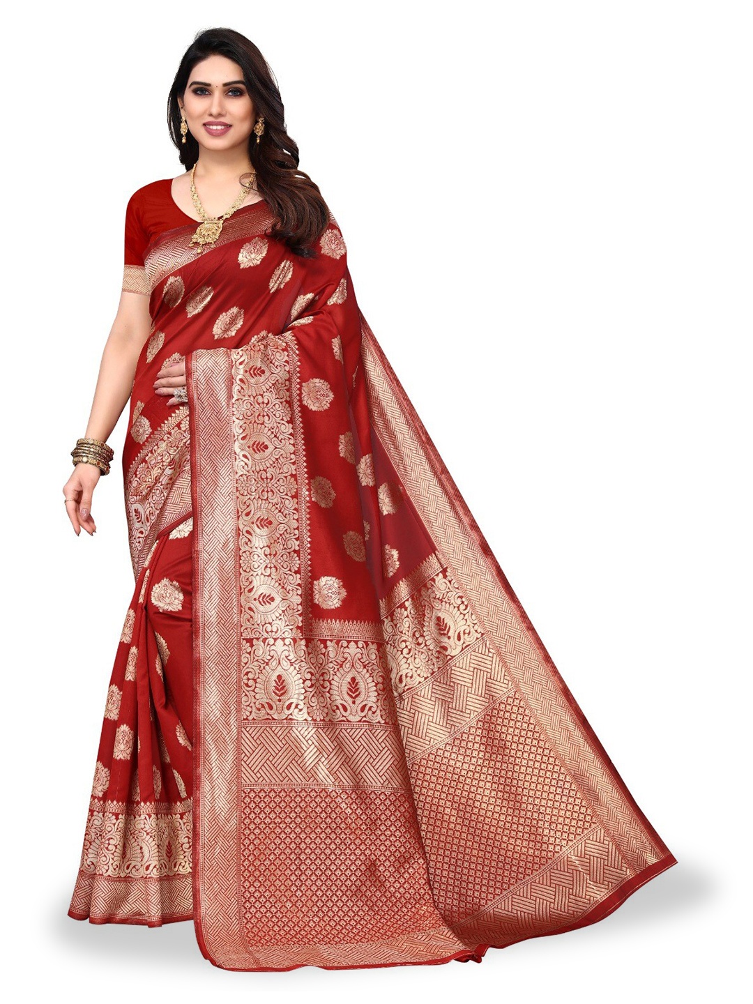 

DIVASTRI Ethnic Motifs Woven Design Zari Silk Cotton Banarasi Saree, Red