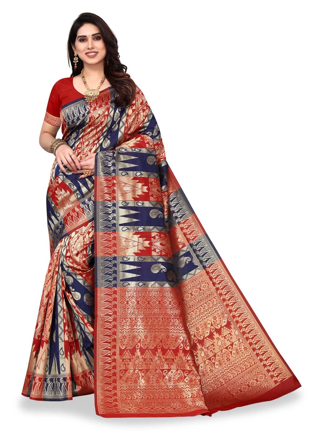 

DIVASTRI Paisley Woven Design Zari Silk Cotton Banarasi Saree, Blue