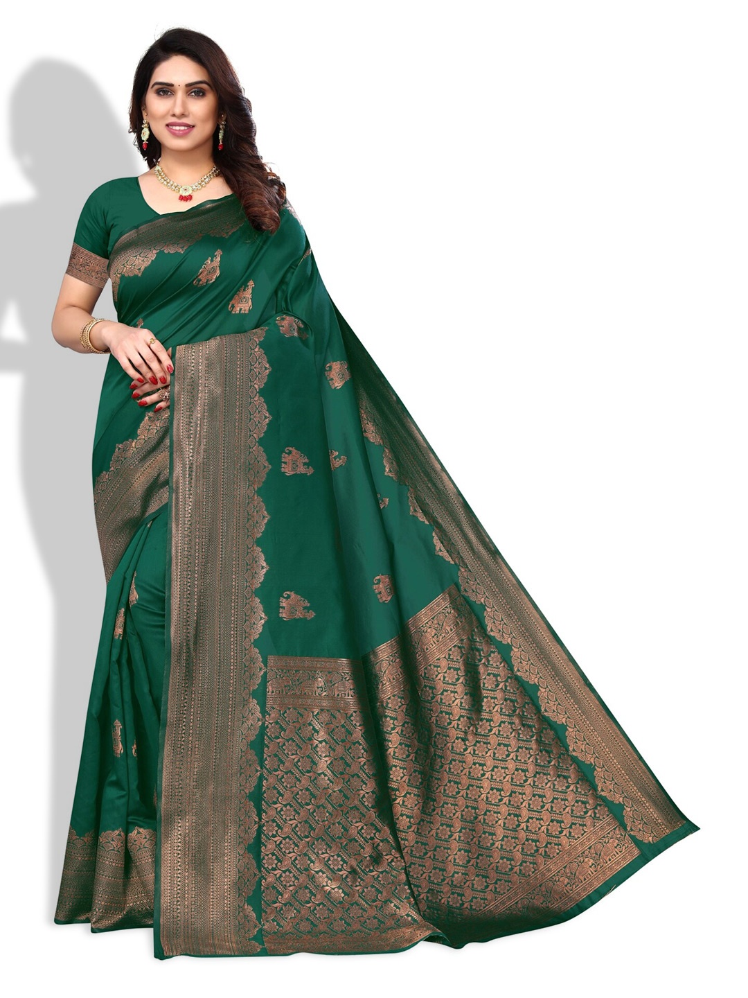 

DIVASTRI Ethnic Motifs Woven Design Zari Silk Cotton Banarasi Saree, Green