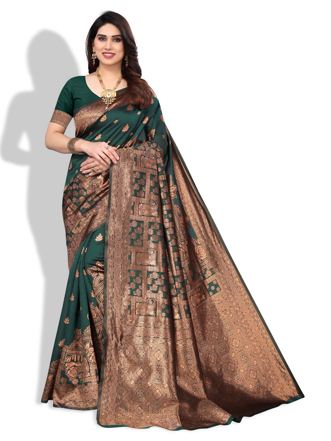 

DIVASTRI Ethnic Motifs Woven Design Zari Silk Cotton Banarasi Saree, Green