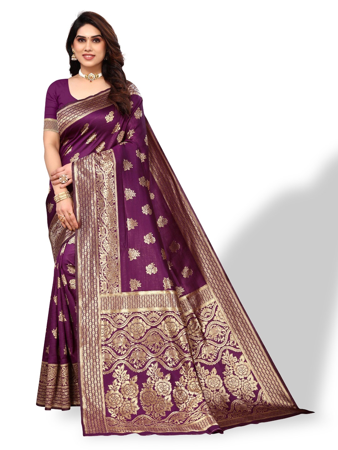 

DIVASTRI Ethnic Motifs Woven Design Zari Silk Cotton Banarasi Saree, Purple