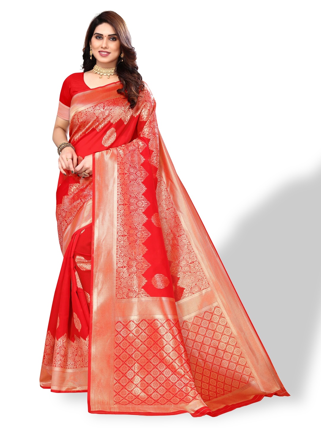 

DIVASTRI Woven Design Zari Silk Blend Banarasi Saree, Red