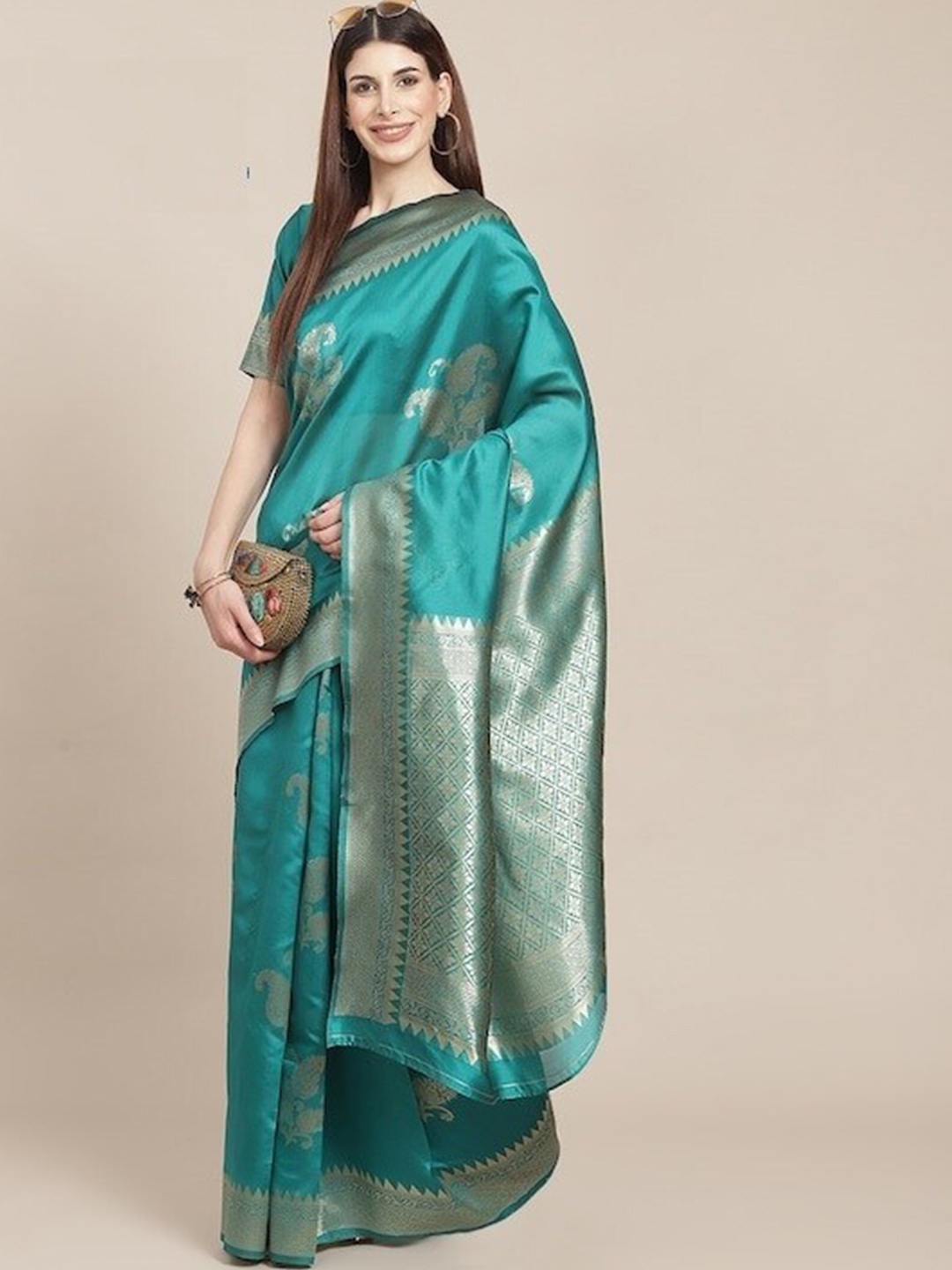 

DIVASTRI Ethnic Motifs Woven Design Zari Silk Cotton Banarasi Saree, Green