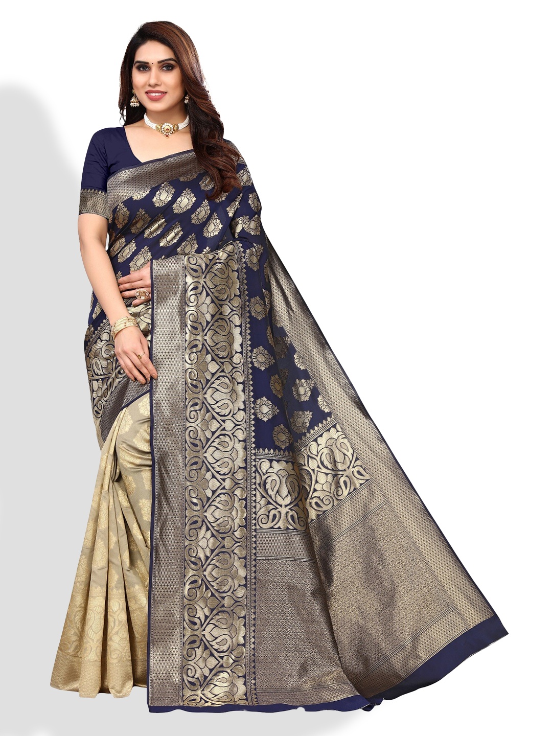 

DIVASTRI Woven Design Zari Silk Blend Banarasi Saree, Navy blue