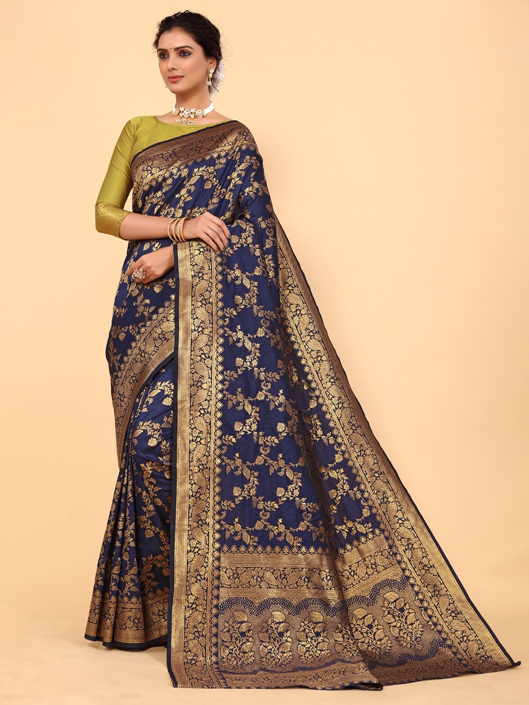 

DIVASTRI Floral Woven Design Zari Silk Cotton Banarasi Saree, Blue