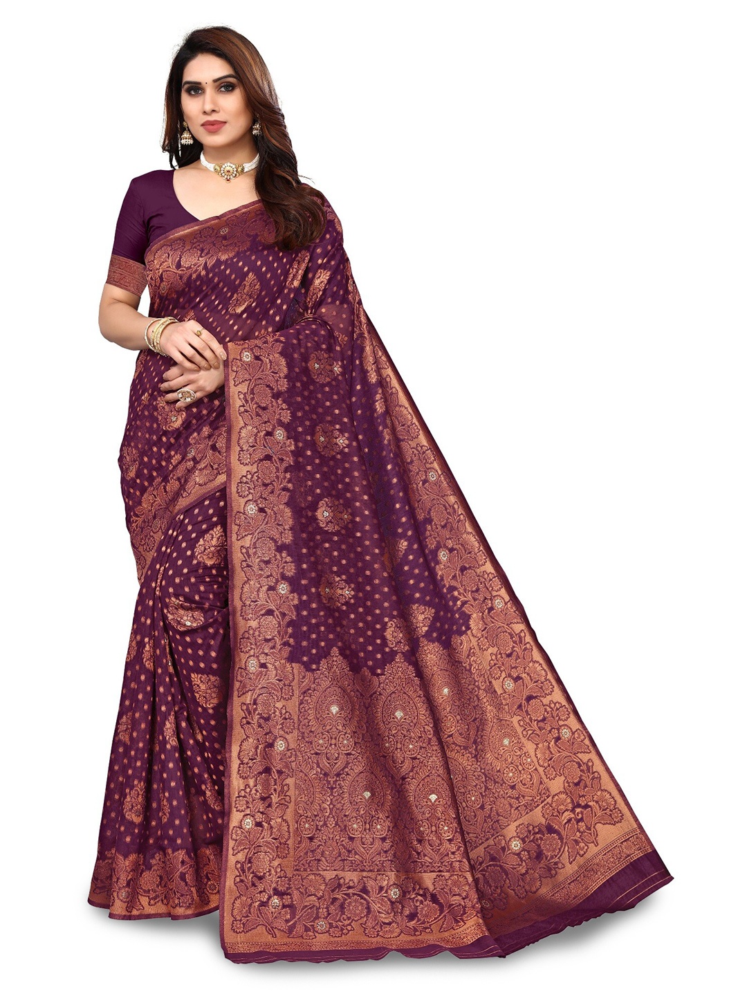 

DIVASTRI Woven Design Zari Silk Cotton Banarasi Saree, Purple