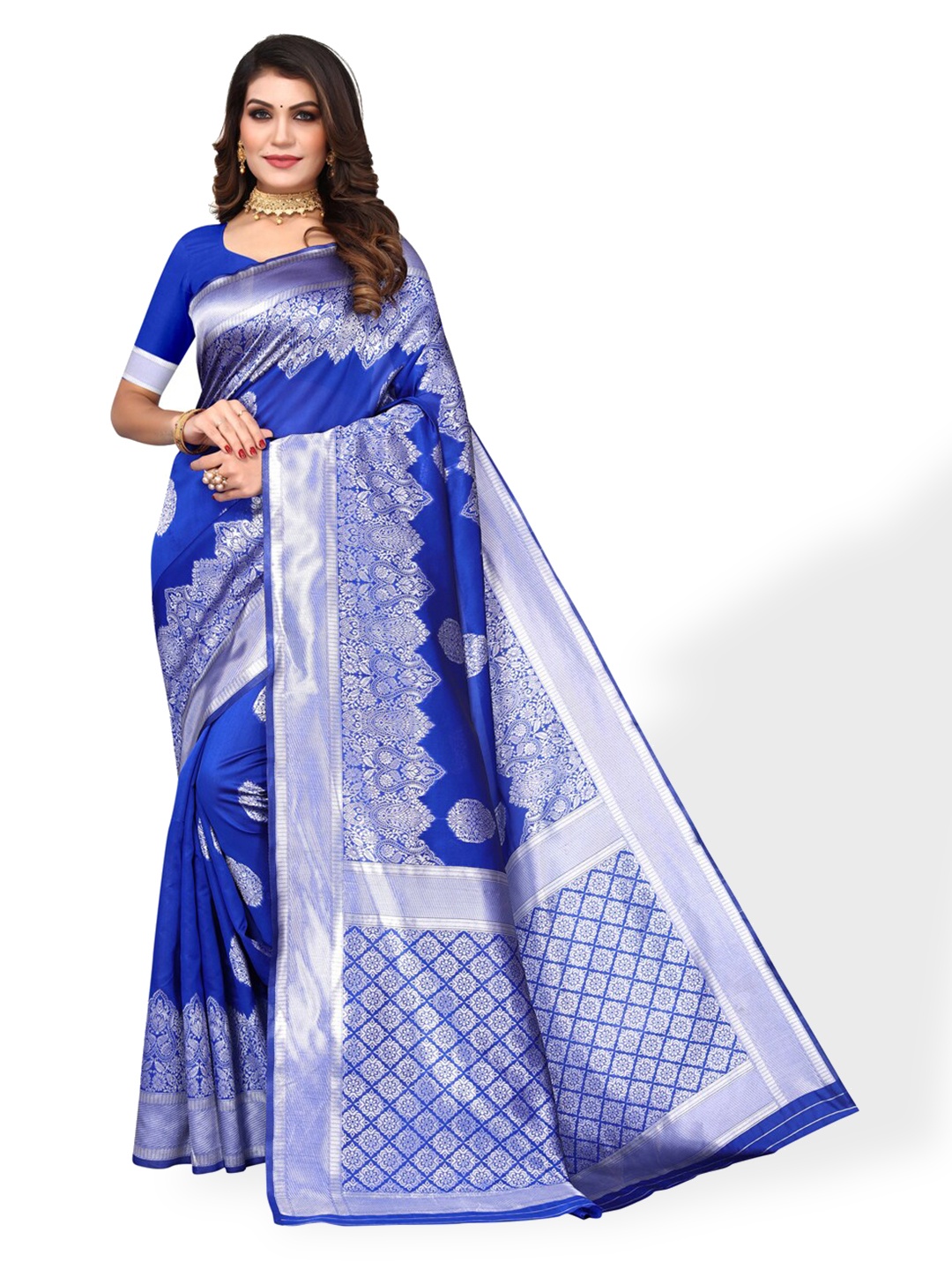 

DIVASTRI Ethnic Motif Woven Design Zari Silk Cotton Banarasi Saree, Blue
