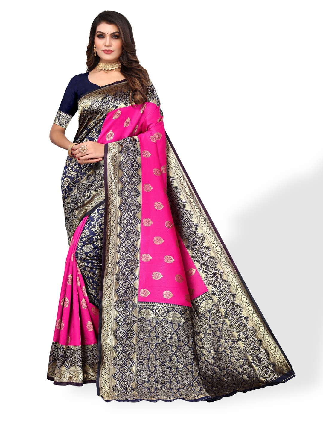 

DIVASTRI Woven Design Zari Silk Blend Banarasi Saree, Pink