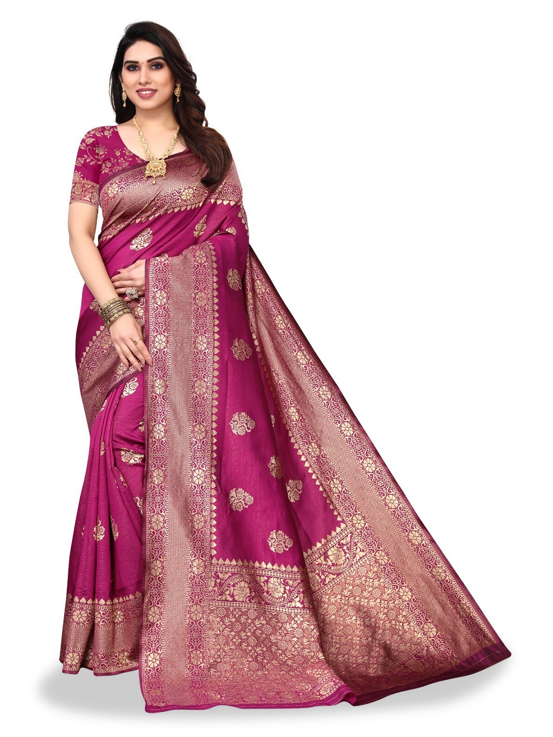 

DIVASTRI Floral Woven Design Zari Silk Cotton Banarasi Saree, Purple