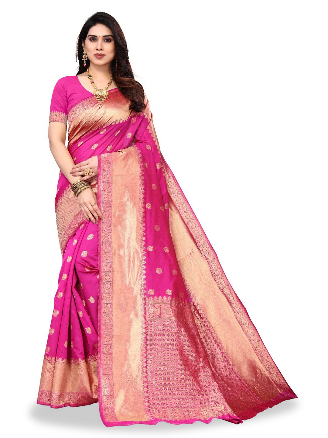 

DIVASTRI Ethnic Motifs Woven Design Zari Silk Cotton Banarasi Saree, Pink