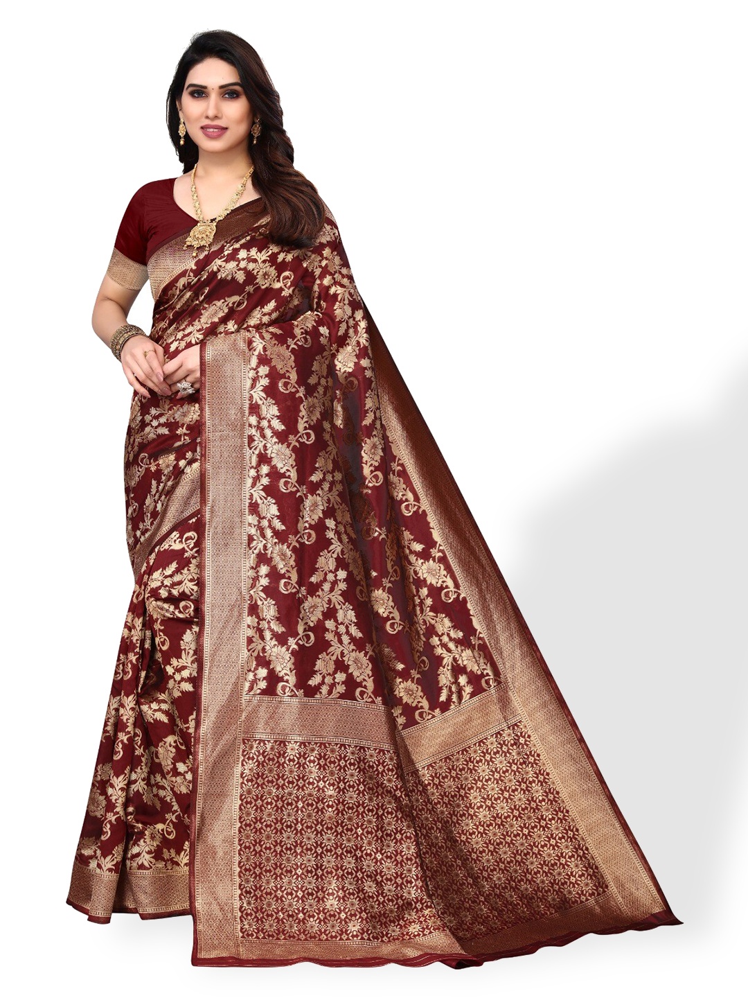 

DIVASTRI Floral Woven Design Zari Silk Cotton Banarasi Saree, Maroon