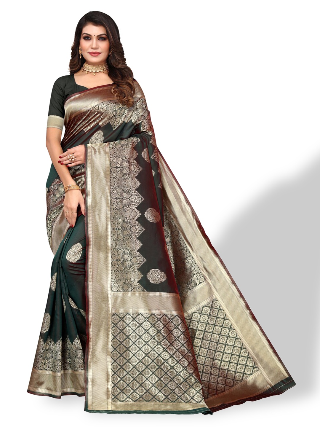 

DIVASTRI Ethnic Motif Woven Design Zari Silk Cotton Banarasi Saree, Green