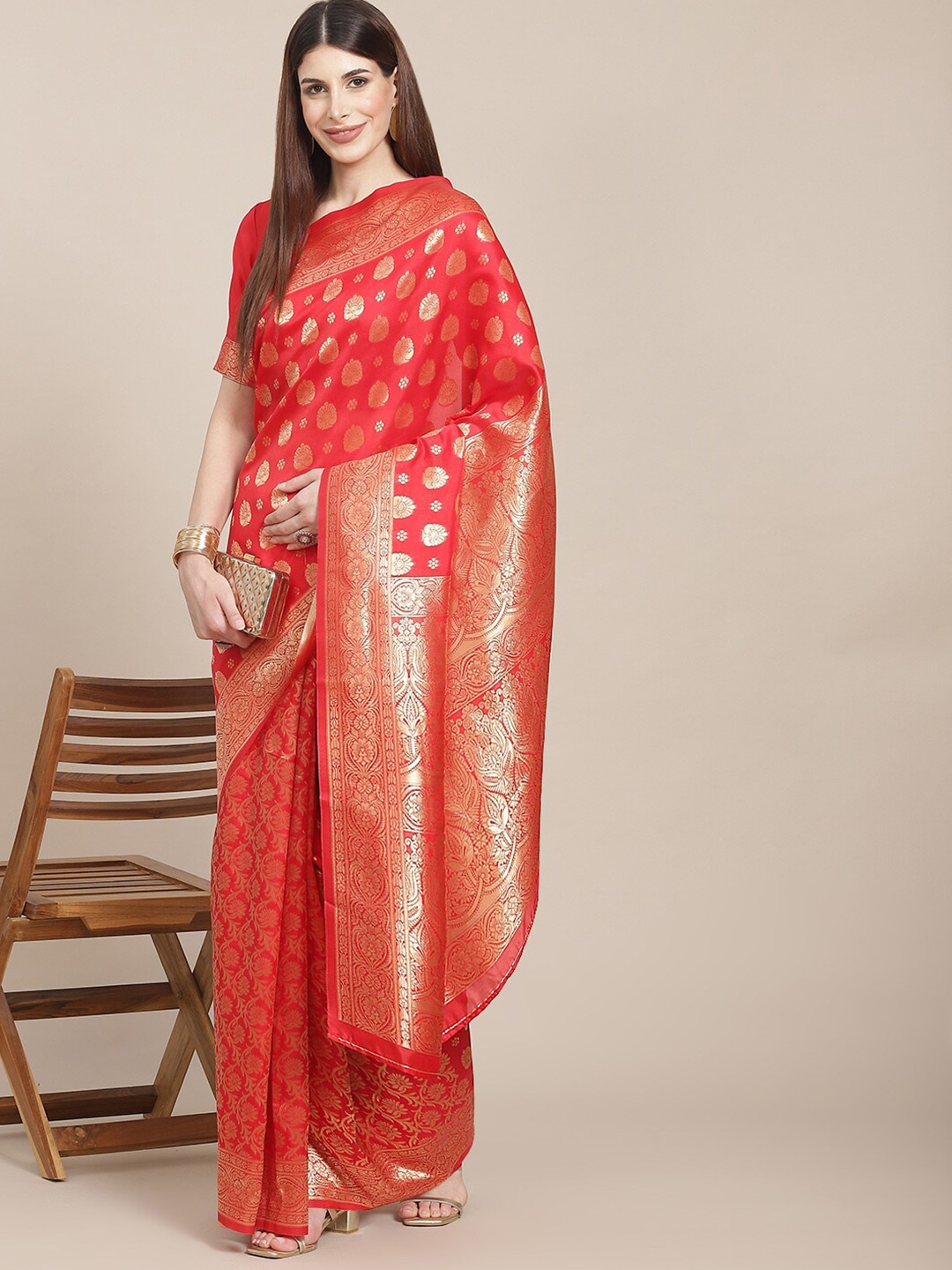 

DIVASTRI Ethnic Motifs Woven Design Zari Banarasi Saree, Red