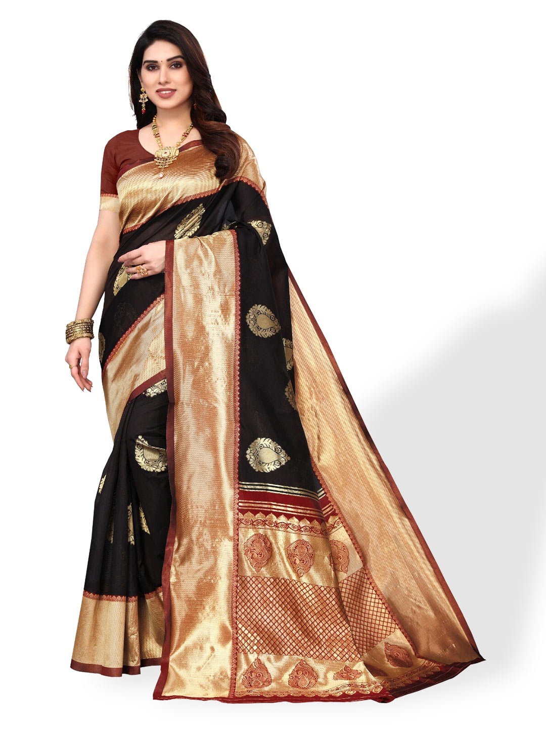 

DIVASTRI Ethnic Motifs Woven Design Zari Silk Cotton Banarasi Saree, Black