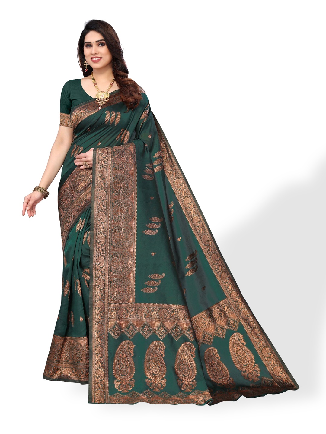 

DIVASTRI Paisley Woven Design Zari Silk Cotton Banarasi Saree, Green