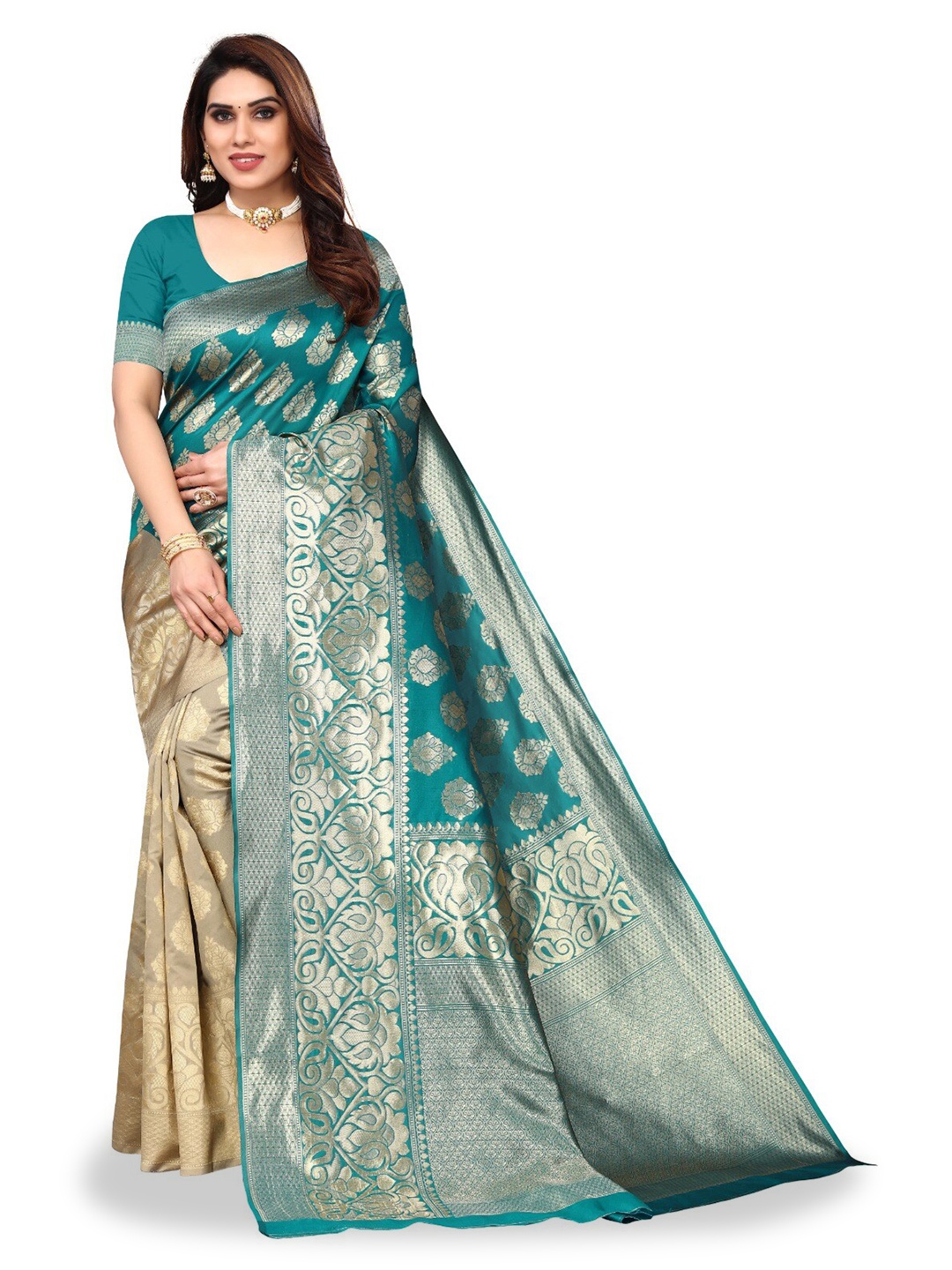 

DIVASTRI Ethnic Motif Woven Design Zari Silk Cotton Banarasi Saree, Teal
