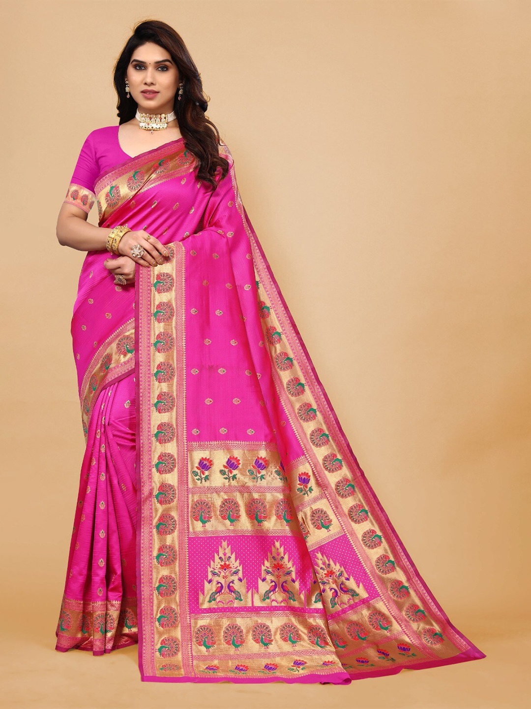 

DIVASTRI Woven Design Zari Silk Cotton Banarasi Saree, Pink