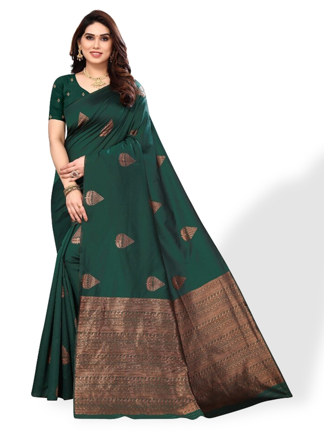 

DIVASTRI Ethnic Motif Woven Design Zari Silk Cotton Banarasi Saree, Green