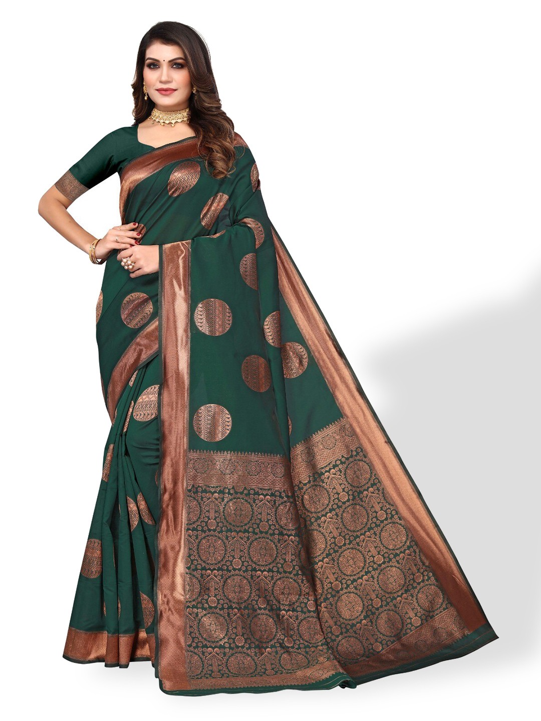

DIVASTRI Ethnic Motif Woven Design Zari Silk Cotton Banarasi Saree, Green