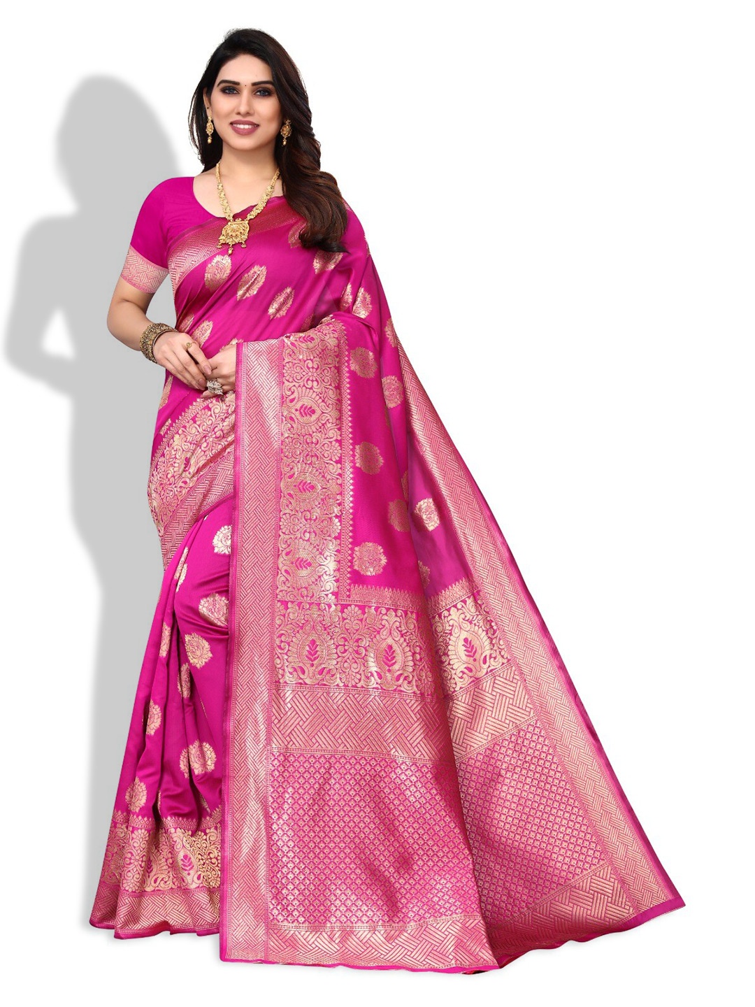 

DIVASTRI Ethinic Motif Woven Design Zari Silk Cotton Banarasi Saree, Pink