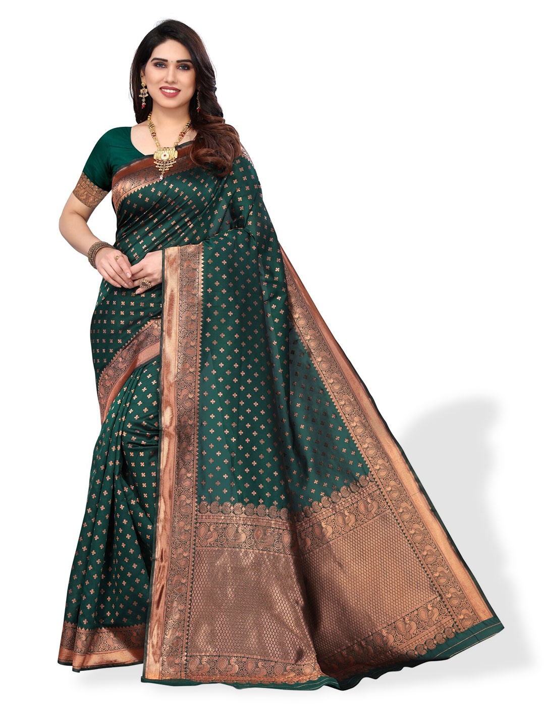

DIVASTRI Woven Design Zari Silk Blend Banarasi Saree, Green