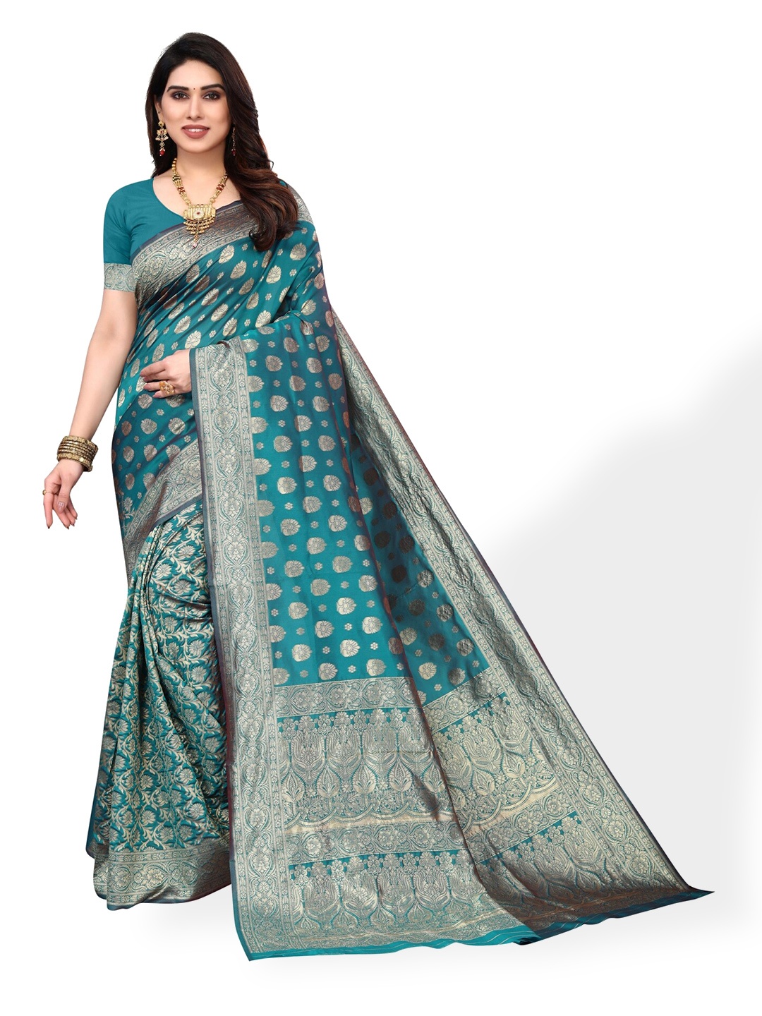 

DIVASTRI Ethnic Motifs Woven Design Zari Silk Cotton Banarasi Saree, Green