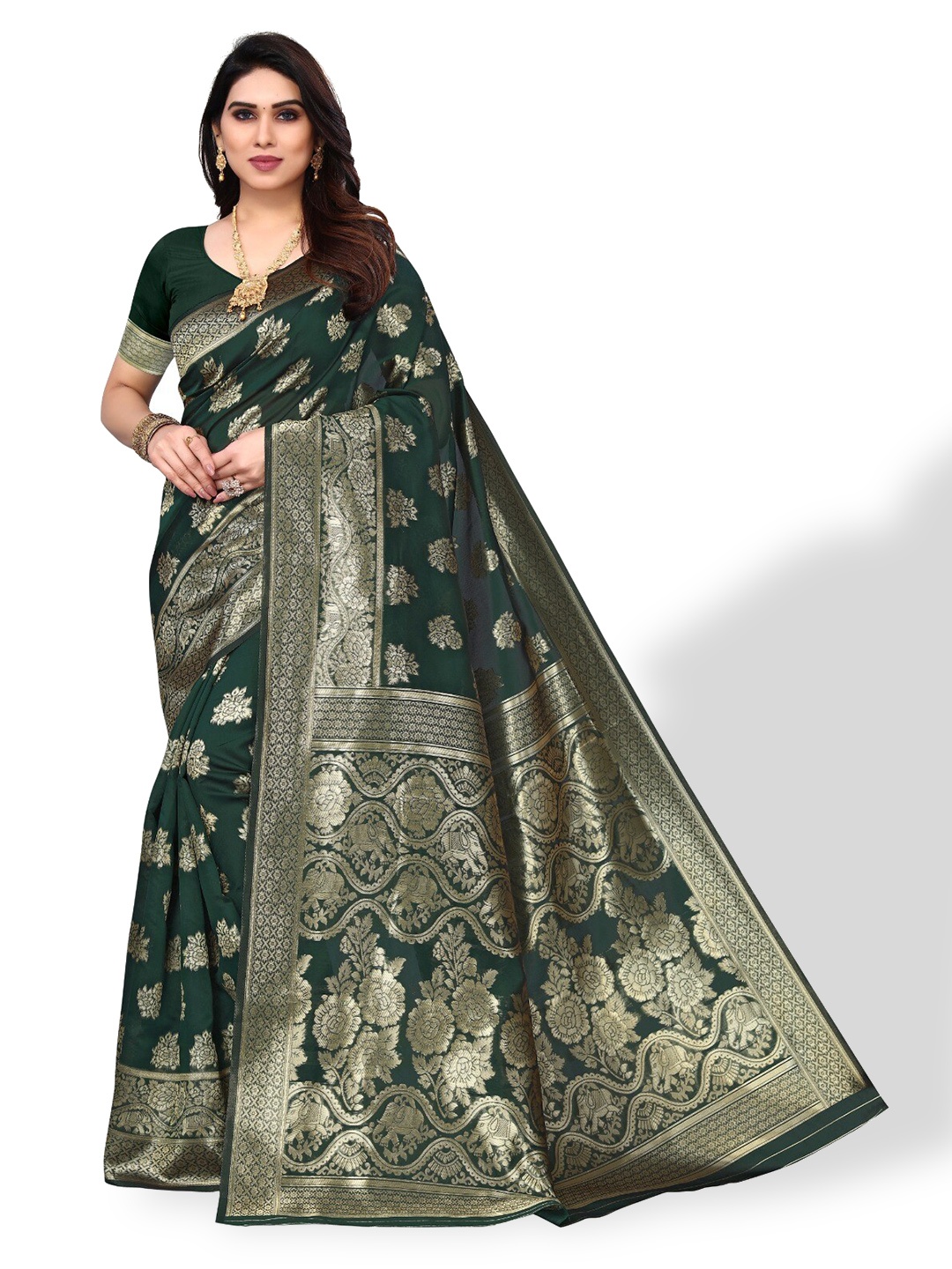 

DIVASTRI Ethnic Motifs Woven Design Zari Banarasi Saree, Green